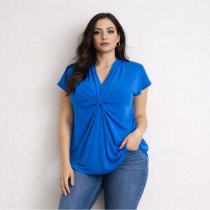 Grace Elements Blue Twist Front Top XL Stretch Short Sleeve Blouse Womens